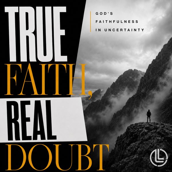 Artwork for the True Faith, Real Doubt sermon series: a lone figure on a misty mountain ridge
